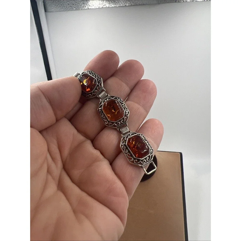 Vintage Bohemian Style Sterling Silver Amber Cabochon Link Bracelet